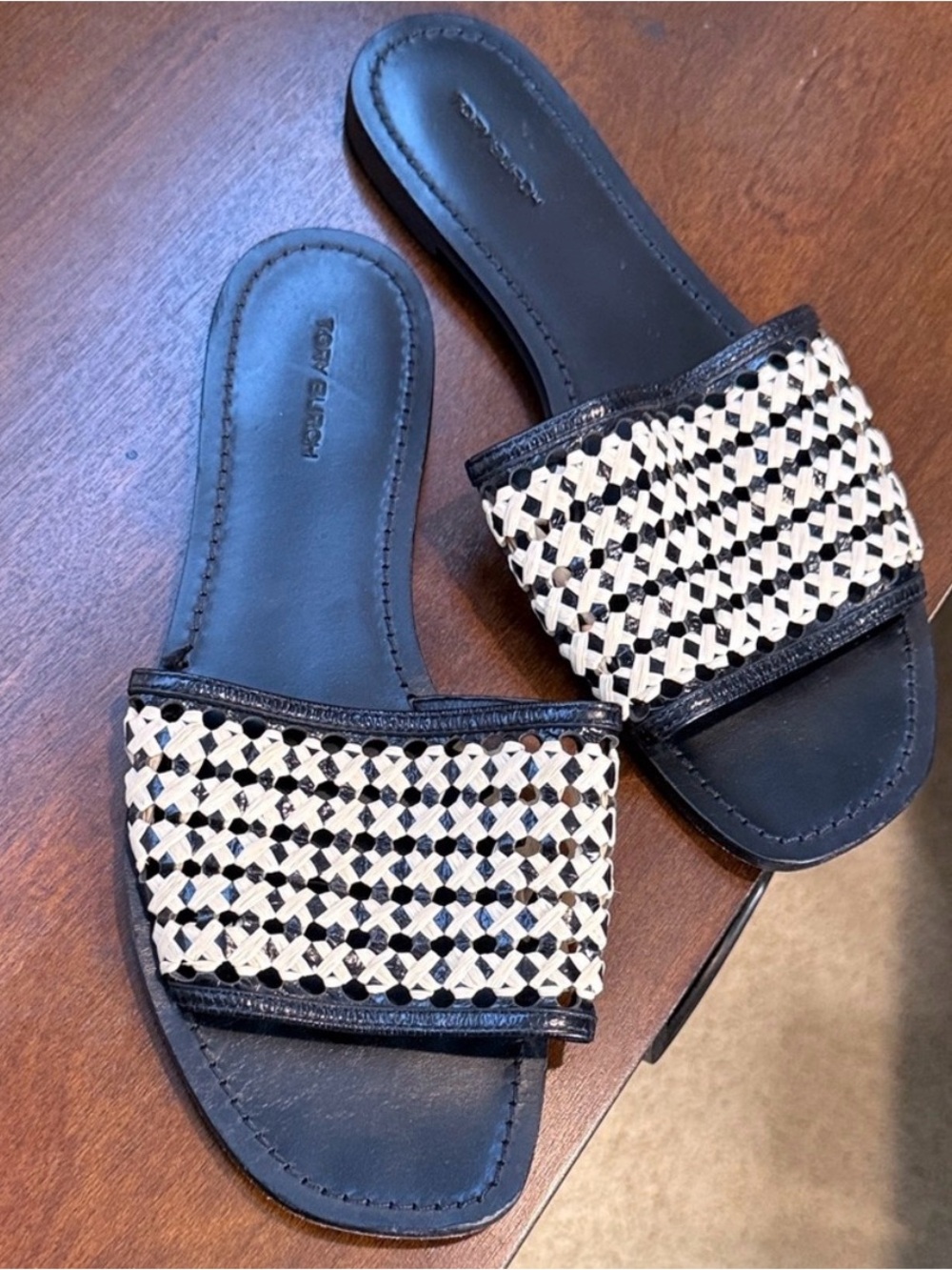 Tory Burch Black and Cream Woven Slide Sandals